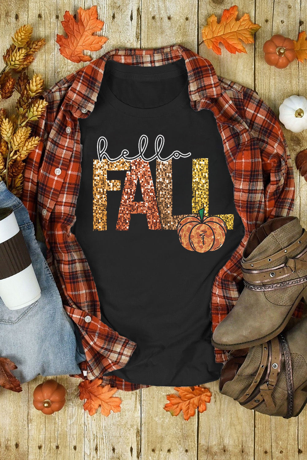Sequined Hello Fall Pumpkin Black Graphic Tee
