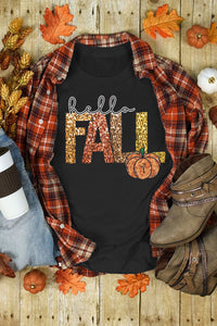 Sequined Hello Fall Pumpkin Black Graphic Tee