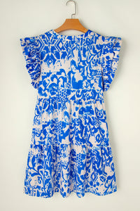 Vivid Blue and White Plus Size V-Neck Ruffle Sleeve Mini Dress