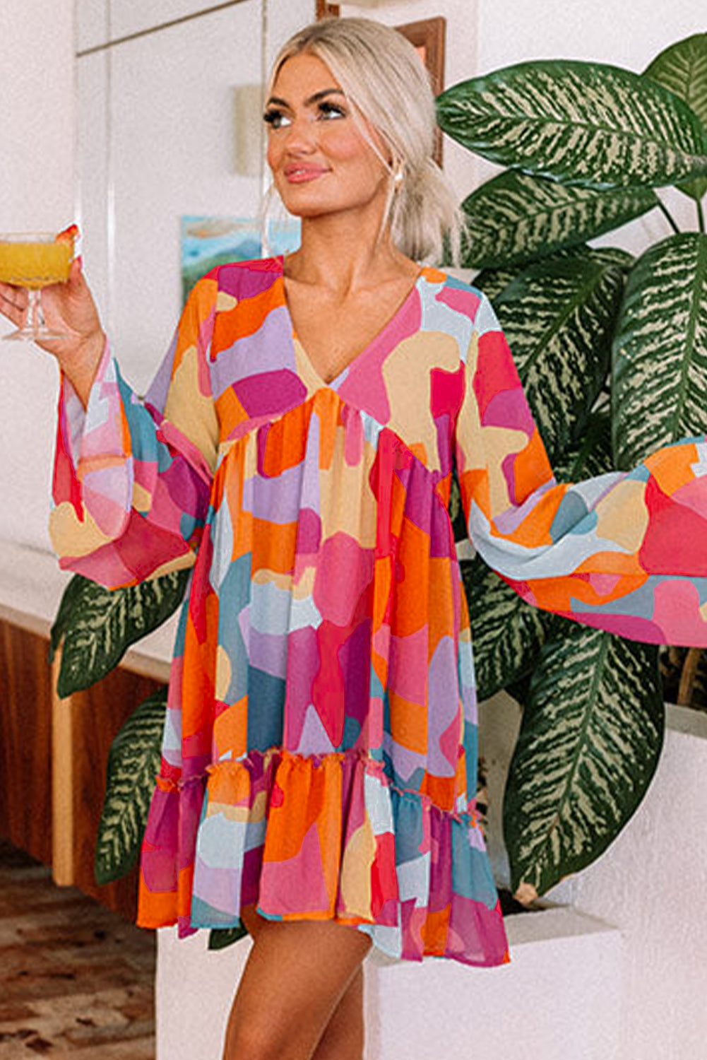 Pink Yellow Orange Abstract Print Bell Sleeve V-Neck Babydoll Dress