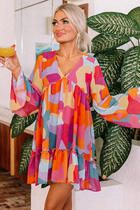 Pink Yellow Orange Abstract Print Bell Sleeve V-Neck Babydoll Dress