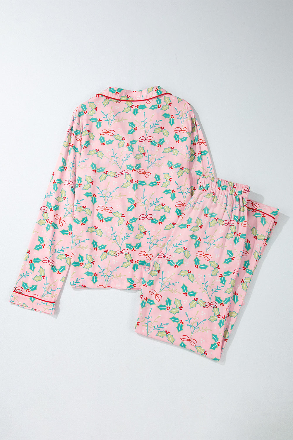 Pink Holly Berry Print Long-sleeve Christmas Pajama Set