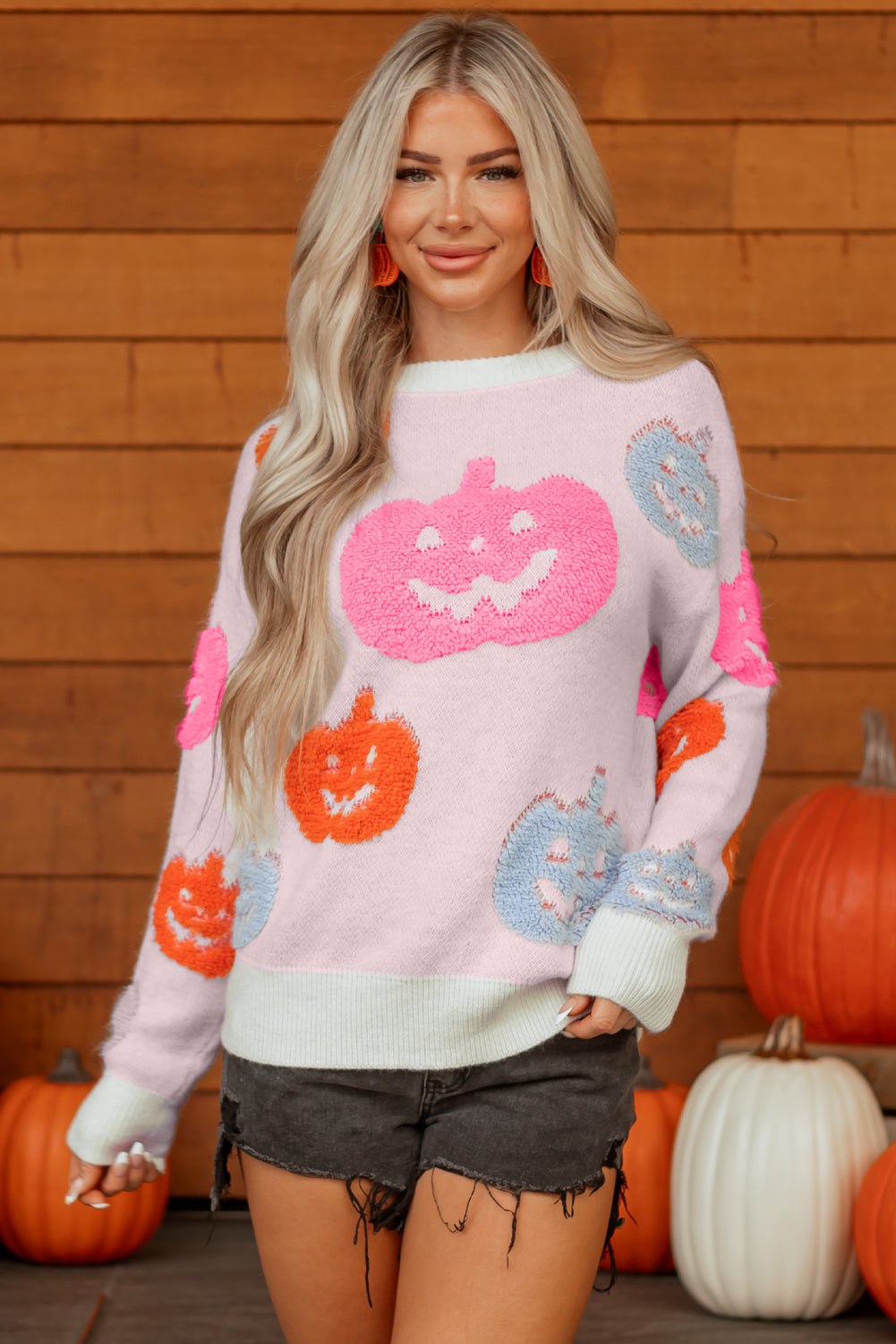 Pink Orange Blue Pumpkin Print Jack-o-lantern Halloween Sweater