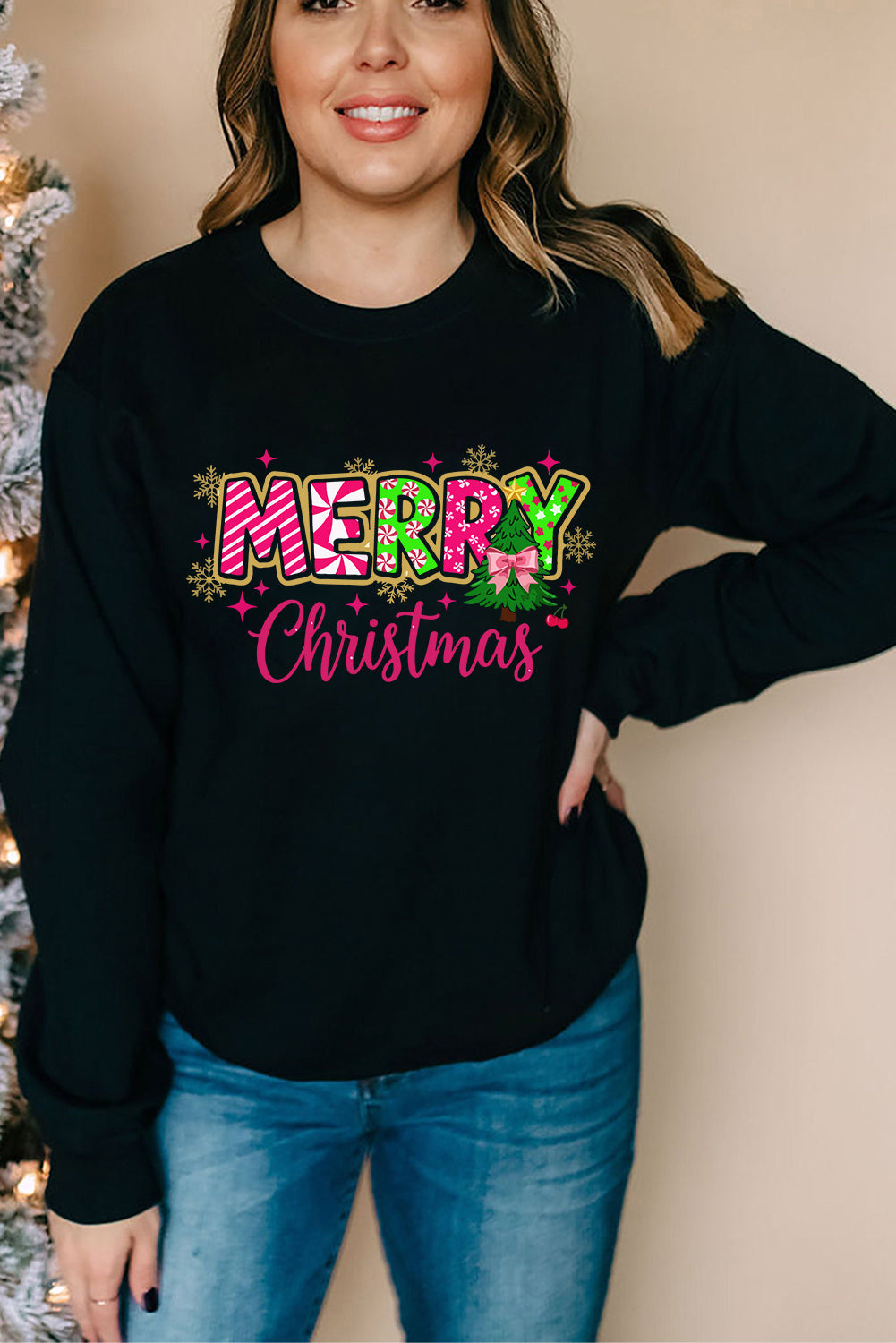 Black with Pink and Green MERRY Christmas Graphic Drop Shoulder Pullover