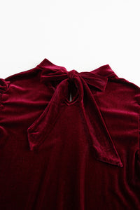 Burgundy Tie Back Neck Ruffled Sleeve Velour Blouse