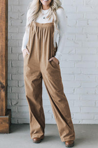 Forest Green Khaki or Black Solid Pocketed Loose Fit Corduroy Overalls