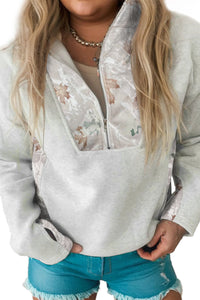 Gray Camo Leaves Patchwork 1/2 Zip Pullover Plus Size Sweatshirt