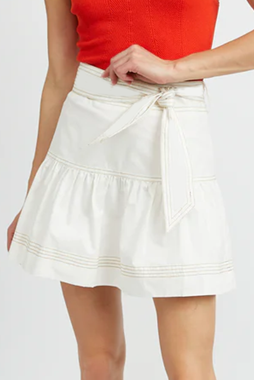 White High Waist Tie Knot A-Line Tiered Mini Skirt