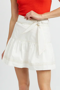 White High Waist Tie Knot A-Line Tiered Mini Skirt