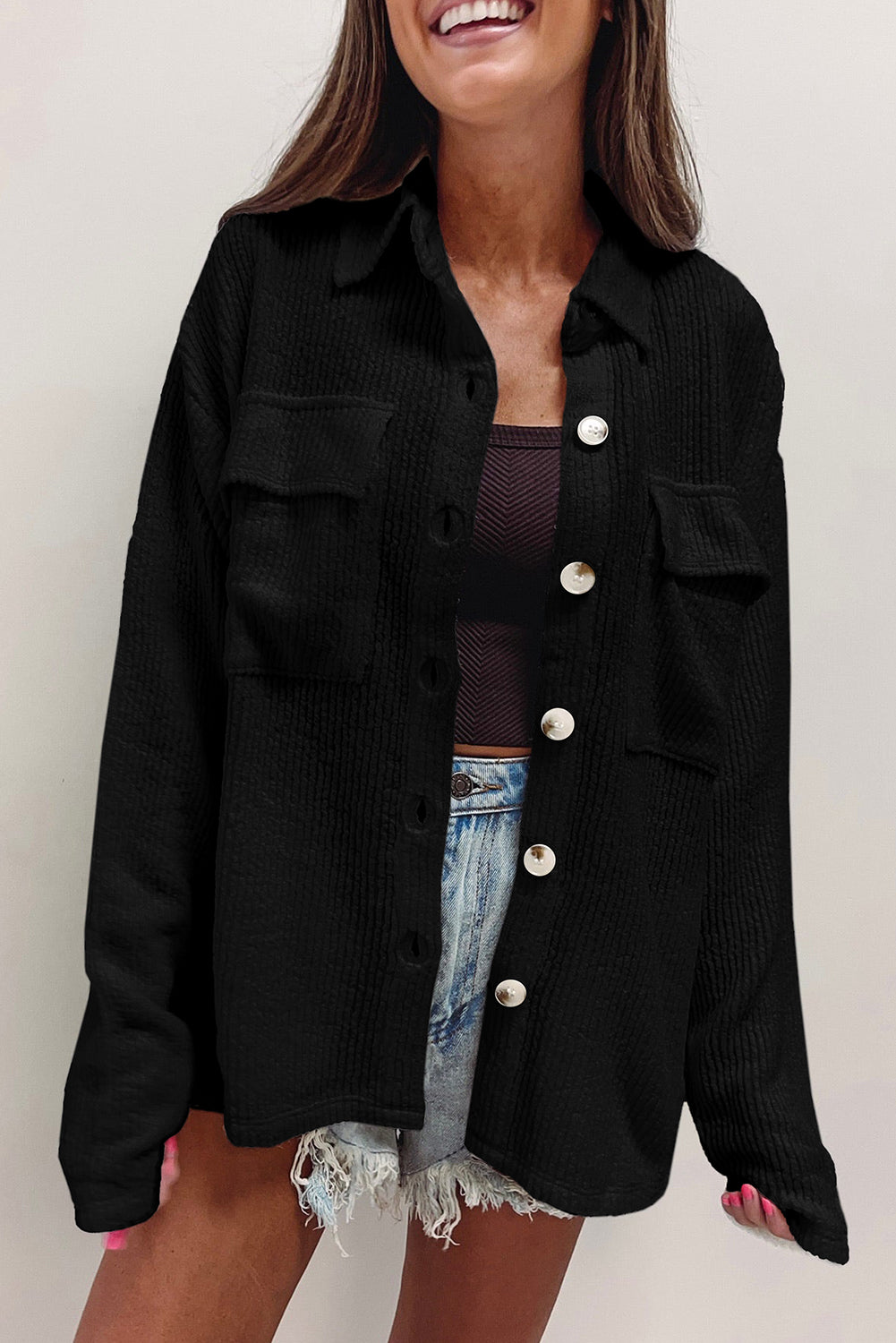 Black Corduroy Button Down Long Sleeve Oversized Shacket