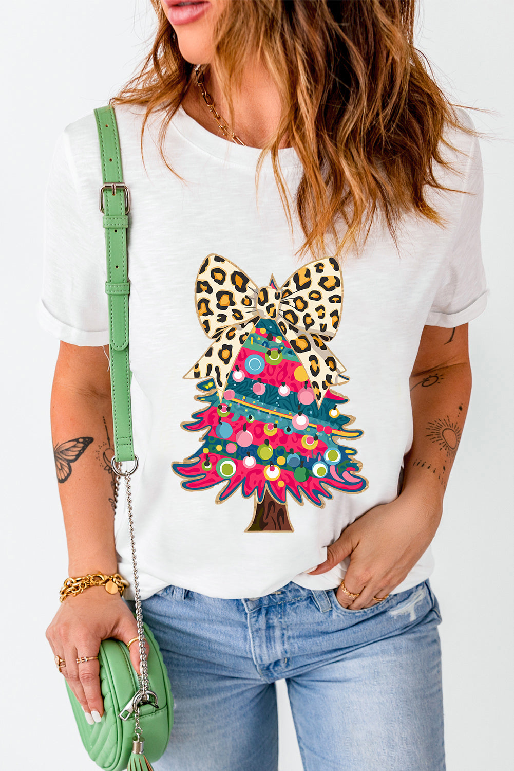 White Leopard Bow Decorated Christmas Tree Graphic Tee