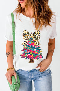 White Leopard Bow Decorated Christmas Tree Graphic Tee