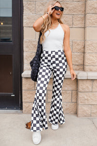 Black Checkered High Rise Casual Flared Pants