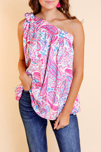 Pink Paisley Knotted One Shoulder Sleeveless Top