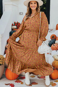 Brown Plus Size Fall Floral V-Neck Ruffled Sleeve Tiered Maxi Dress