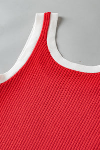 Red and White Trimmed Ribbed Stretch Knit U-Neck Tank Top