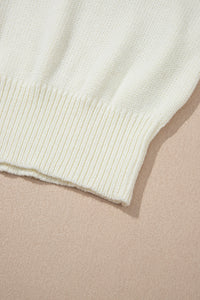 White Flower Embossed Neckline Puff Sleeve Sweater