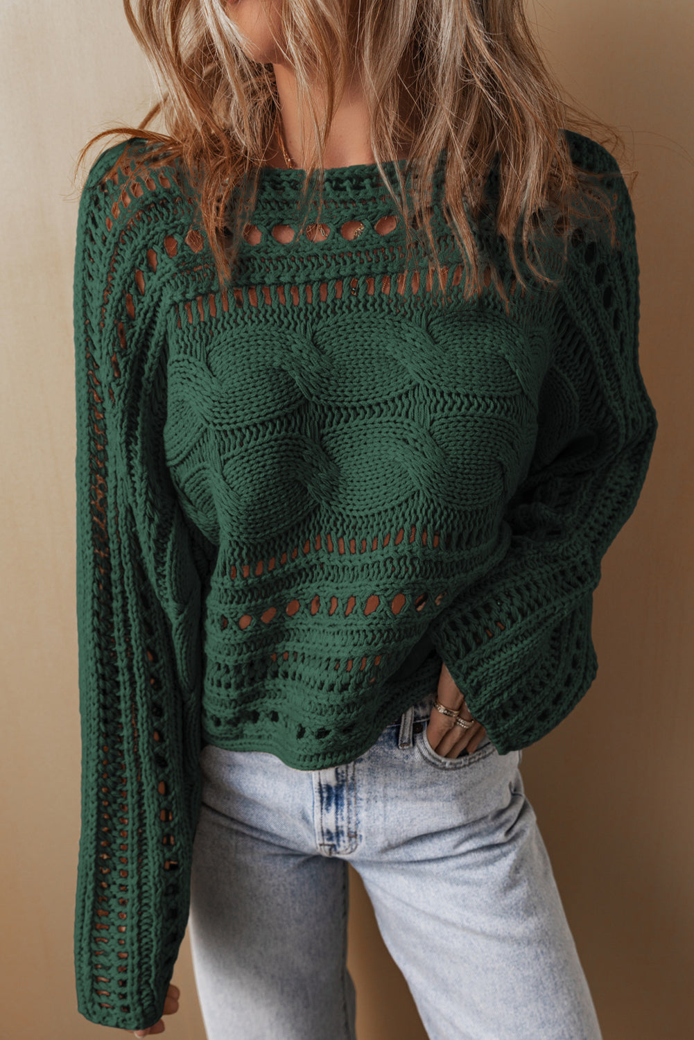 Pine Green Open Stitch Cable Knit Cropped Sweater