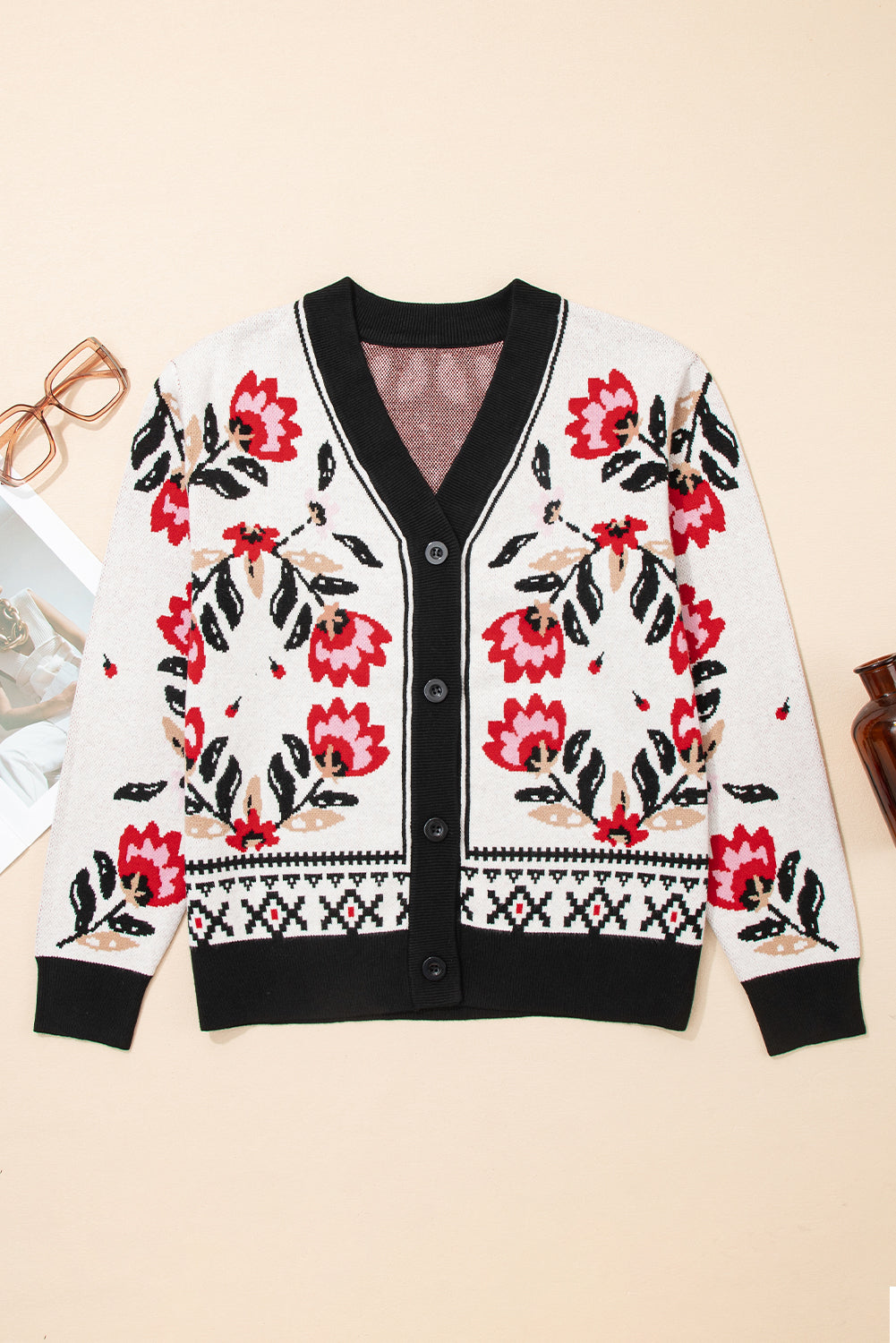 Red and Black Floral Print Button Down V-Neck Knit Cardigan