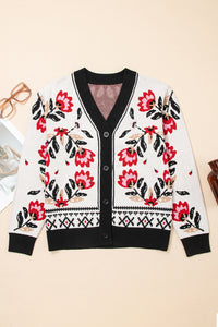 Red and Black Floral Print Button Down V-Neck Knit Cardigan