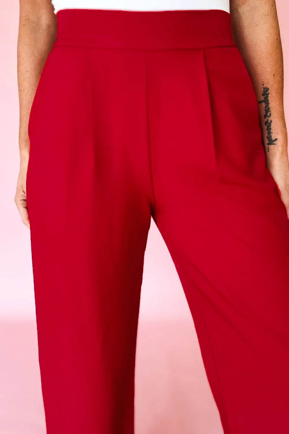 Pleated Front Pull On High Waist Wide Leg Dress Pants