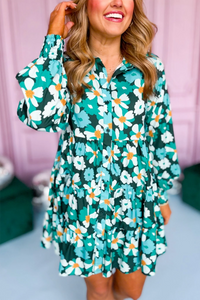 Green Floral Tiered Long Puff Sleeve Button Down Dress