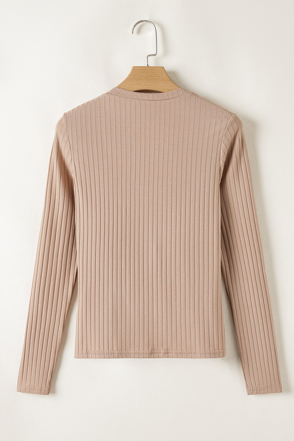 Beige Ribbed Knit V-Neck Long Sleeve Slim Fit Top