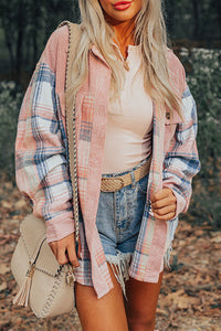 Light Pink & Blue Plaid Corduroy Color-block Chest Pockets Heavyweight Button-down Shirt