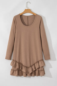 Light Brown Scoop Neck Tiered Ruffled Hem Long Sleeve Mini Dress