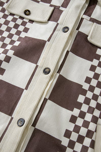 Brown Checkered Print Patchwork Corduroy Oversized Shacket