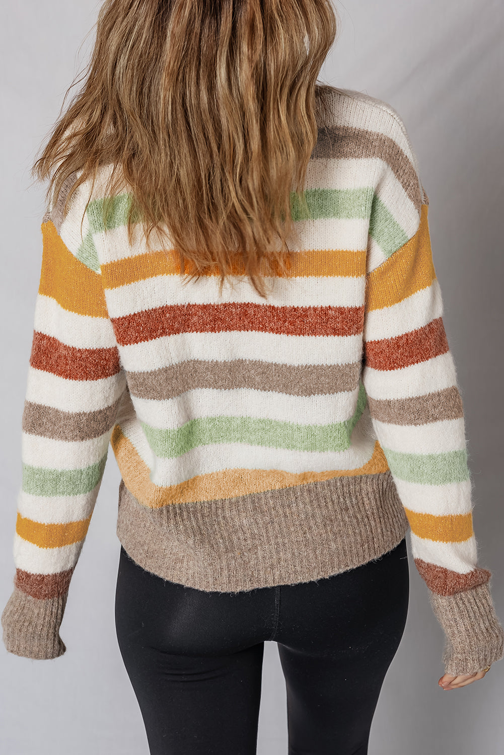 Tan Rust and Sage Stripe Drop Shoulder Crew Neck Sweater