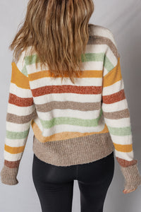 Tan Rust and Sage Stripe Drop Shoulder Crew Neck Sweater