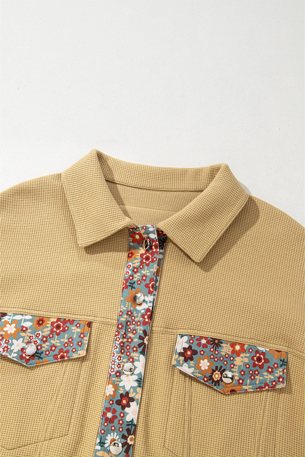 Khaki Fall Floral Color Block Button Up Lightweight Cropped Jacket