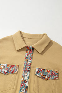 Khaki Fall Floral Color Block Button Up Lightweight Cropped Jacket