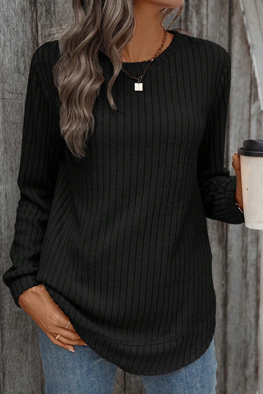 Black Ribbed Crew Neck Long Sleeve Rounded Hem Knit Top