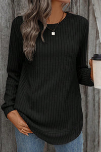 Black Ribbed Crew Neck Long Sleeve Rounded Hem Knit Top