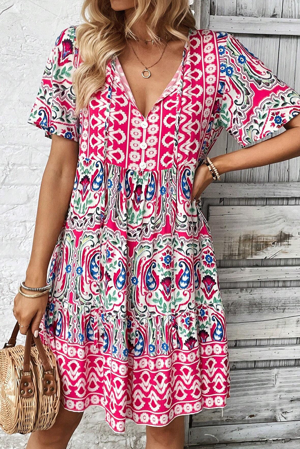 Fuchsia Pink Bohemian Print Tie Neck Ruffled Mini Dress