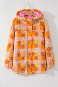 Orange & Yellow Checkered Sherpa Snap Up Pink Lined Hooded Jacket