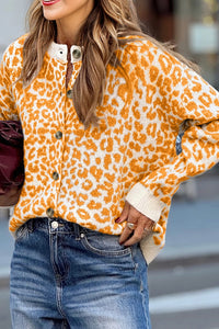 Leopard Print Drop Shoulder Button Down Cardigan Sweater