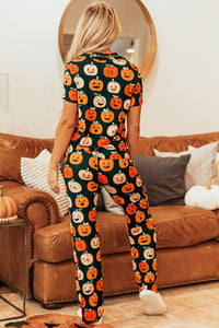 Black with Orange Pumpkins Print Short Sleeve Shirt & Pants Pajama Set