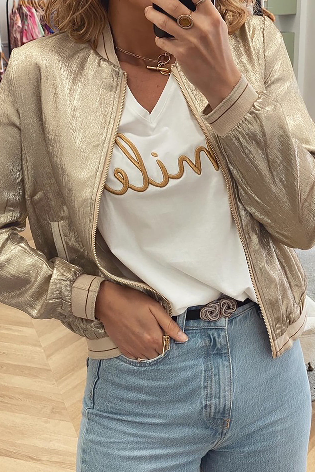 Gold Metallic Zip up Baseball Jacket