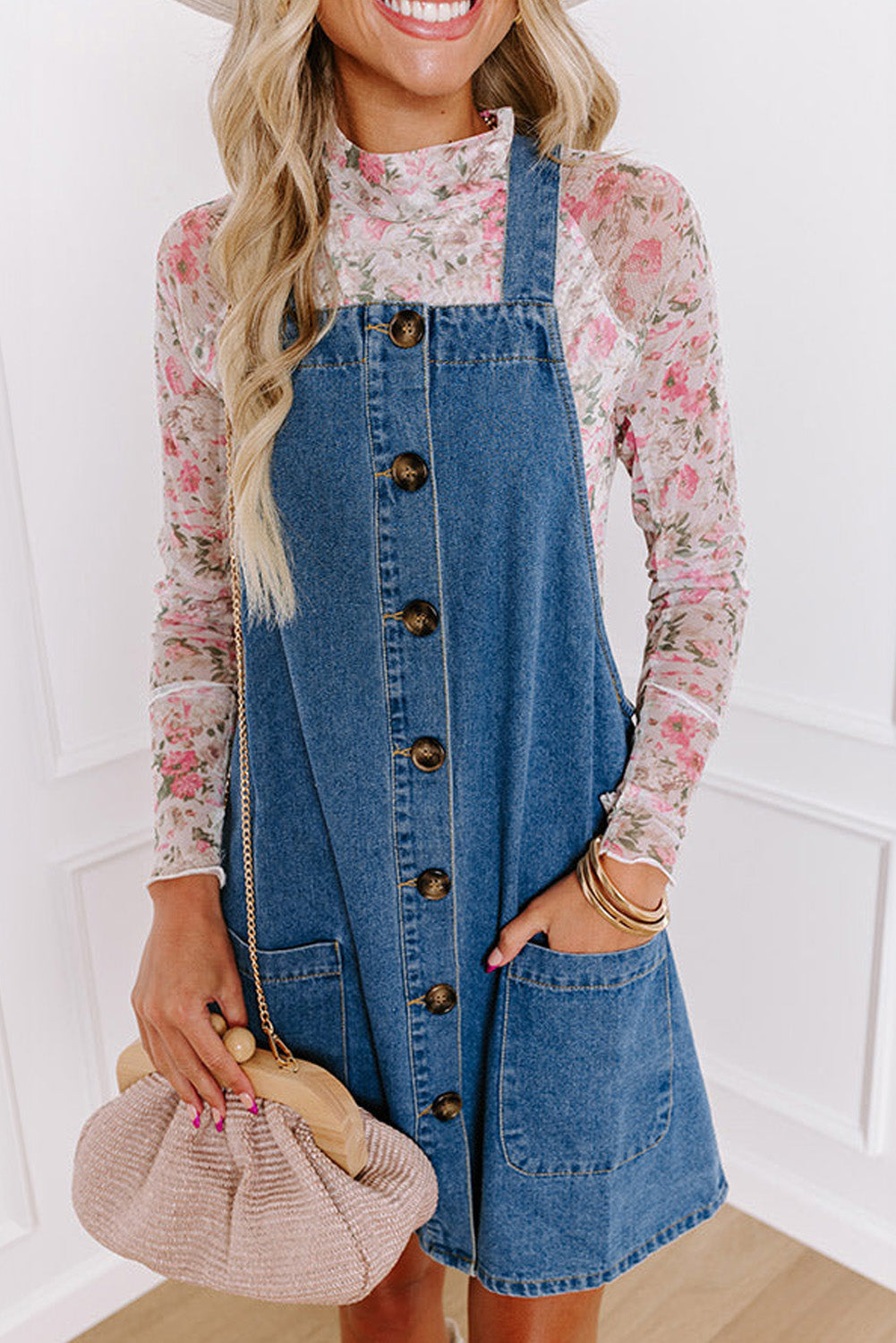 Denim Button Down Overall Dress with Pockets