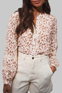 Brown Fall Floral Lace Detail Puff Sleeve Blouse