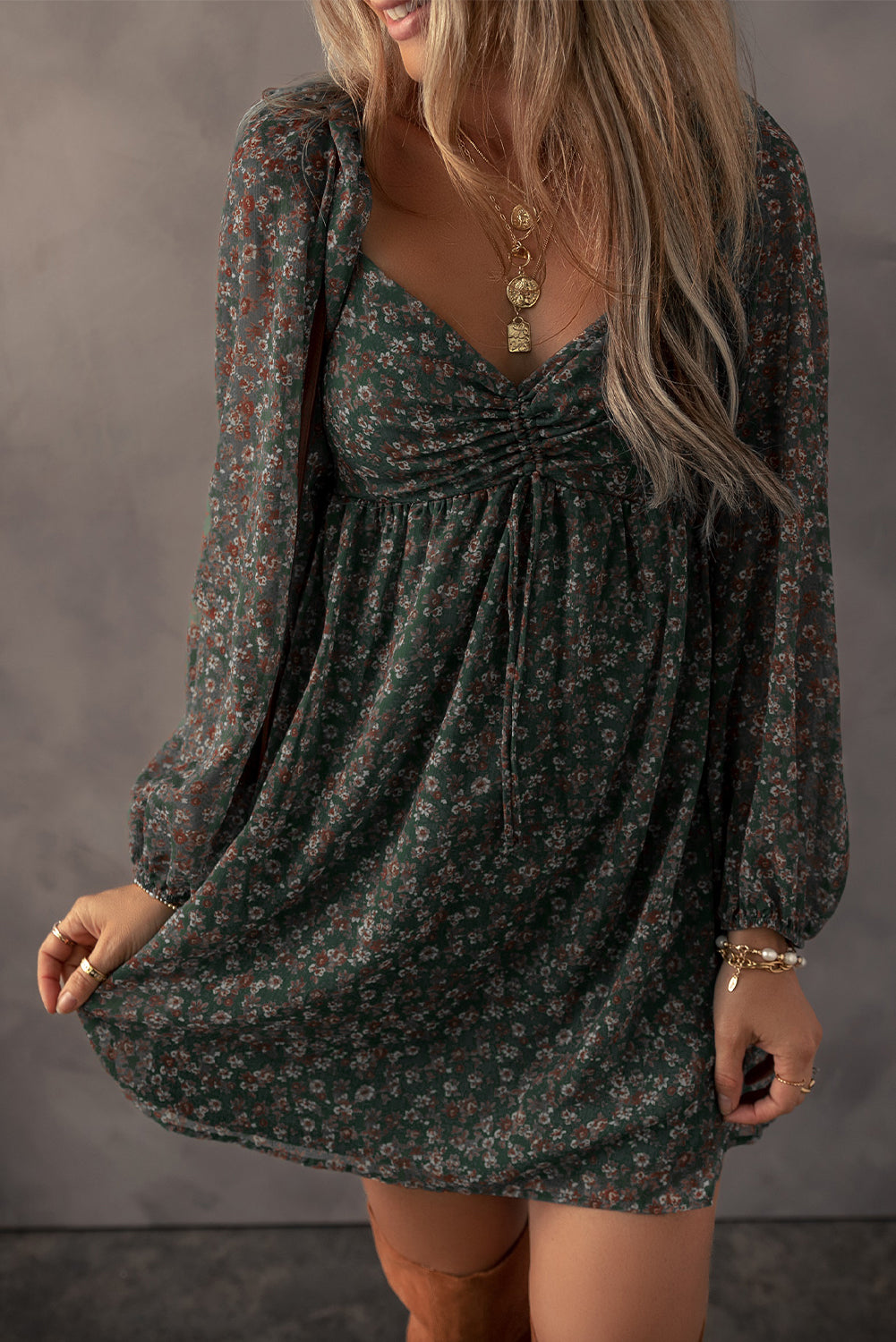 Dark Green Floral Print Sweetheart Neck Shirred Back Mini Dress