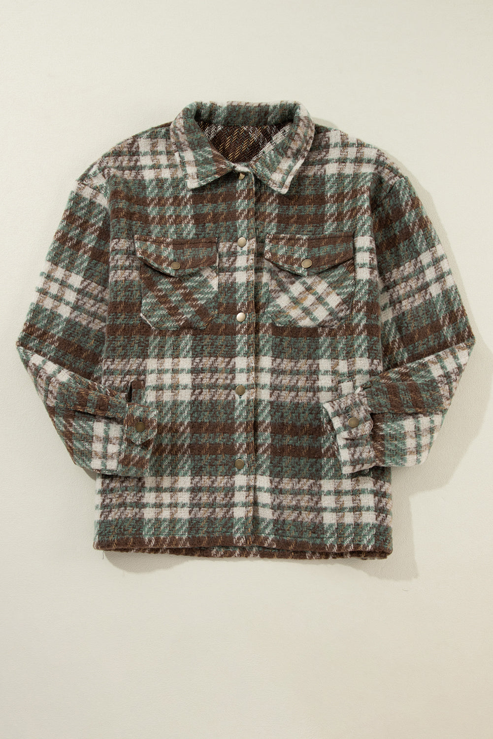 Green & Brown Plaid Button Down Shacket with Chest Flap Pockets