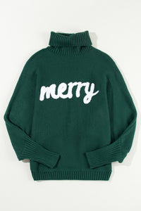 Merry Embossed Letter High Neck Sweater