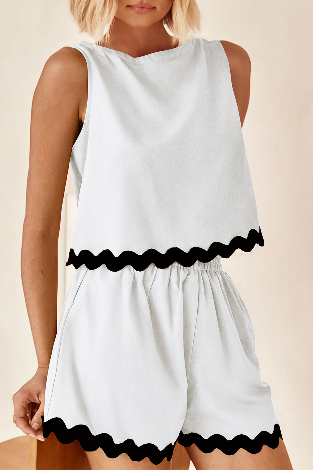 Black Ric-Rac Hemmed White Tank Top and Elastic Waist Shorts Set