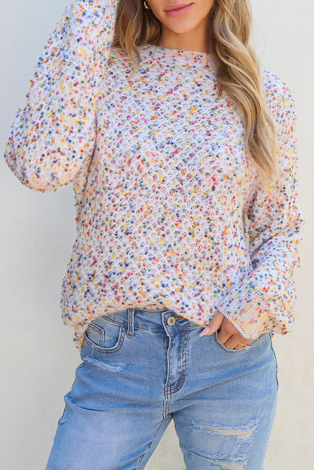 White Colorful Confetti Popcorn Knit Long Sleeve Sweater