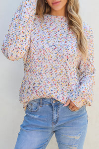 White Colorful Confetti Popcorn Knit Long Sleeve Sweater