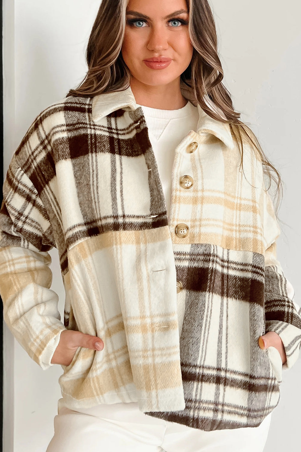 Cream Brown Plaid Button Up Lightweight Jacket